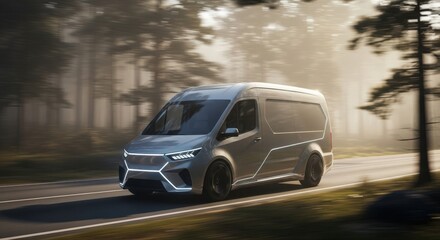 Fototapeta premium A modern van speeding down a road lined with trees. The sleek design and motion blur convey speed and efficiency