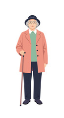 Obraz premium Graceful senior woman with a walking stick. Illustration of a stylish grandmother representing aging and an independent retired lifestyle.