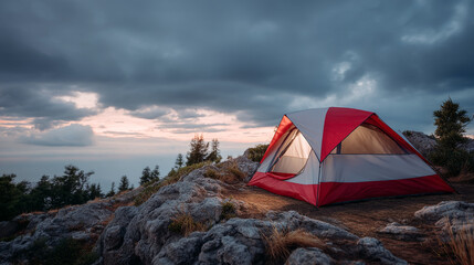 Red and white tent pitched on rocky terrain overlooking a body of water under a cloudy sky at dusk