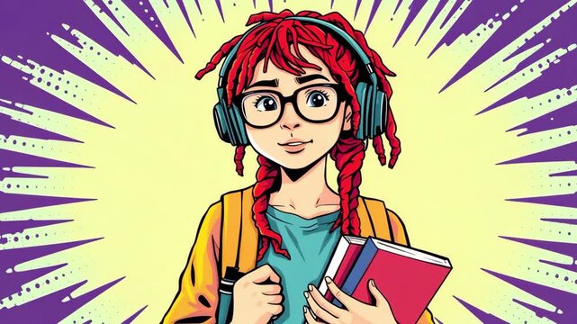 Smiling teenage girl in headphones holding books in her hands on bright background, cartoon vector style, education and learning concept