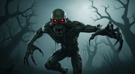 Green zombie with glowing red eyes in a creepy spooky forest. Halloween dead walking monster. Scary undead horror fiction display.