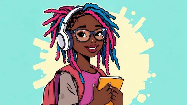 Smiling teenage girl in headphones holding books in her hands on bright background, cartoon vector style, education and learning concept