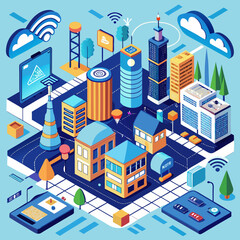 Isometric smart city with futuristic technology and connectivity