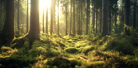 Obraz premium Soft sunlight illuminates a serene and peaceful forest landscape, complete with lush greenery and tranquil pathways that are perfect for nature lovers to explore and enjoy
