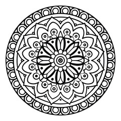 Detailed Black and White Mandala Illustration with Circular Patterns and Floral Elements                                                              