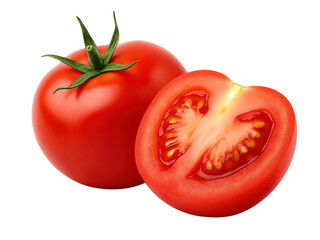 A ripe red tomato, whole and sliced, showcases its juicy interior and vibrant color. PNG file of an isolated cutout object with a transparent background.	