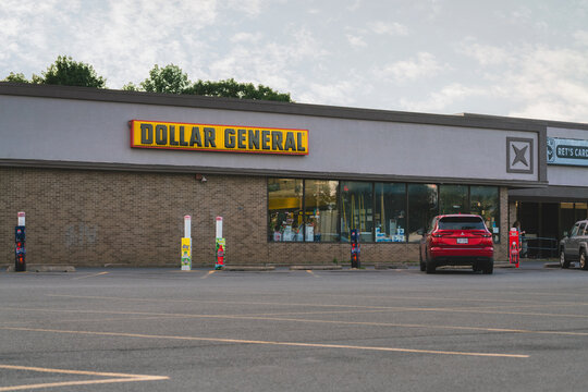 Rome, NY - Jul 17, 2025: Close-up evening view of Dollar General store, is a popular discount retailer providing a wide range of everyday essentials, was established in 1939 with over 18000 now