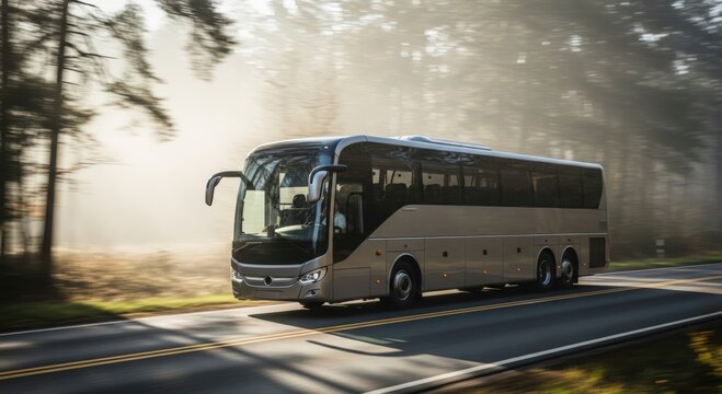 A luxury coach bus travels down a scenic road, surrounded by nature, perfect for tourism and travel. The bus is well-maintained and modern