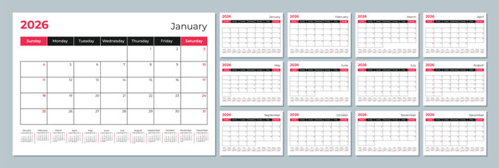 2026 calendar template. Corporate and business planner diary. The week starts on Sunday. Set of 12 months of pages.