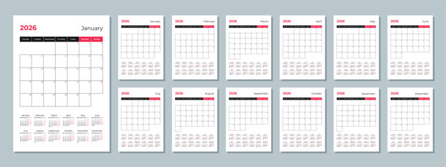 2026 calendar template. Corporate and business planner diary. The week starts on Monday. Set of 12 months of pages.