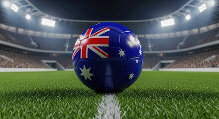 Soccer ball with australian flag on a green field in a stadium