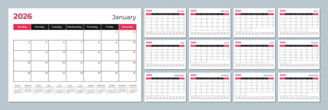 2026 calendar template. Corporate and business planner diary. The week starts on Sunday. Set of 12 months of pages.