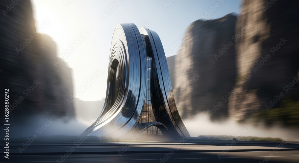 Poster futuristic architectural design of a metallic structure within a valley, blending technology and nat