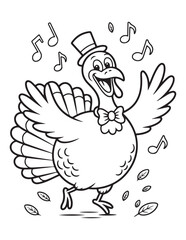 Thanksgiving Turkey Singing with Music Notes and Bow Tie – Funny Holiday Cartoon Coloring Page for Children