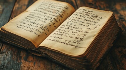 Obraz premium Open antique book with aged pages and handwritten text on wooden surface. (1)