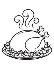 Hot Roasted Turkey Meal with Steam Rising, Festive Thanksgiving Dinner Coloring Page for Children