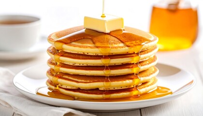 Stack of golden pancakes drizzled with syrup and butter (1)