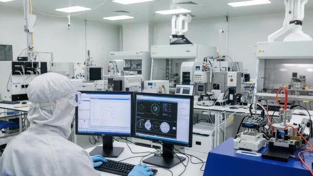 A scientist in a cleanroom laboratory analyzes data on dual computer monitors while surrounded by high-tech equipment and machinery focusing on research and development in a sterile environment - Powered by Adobe