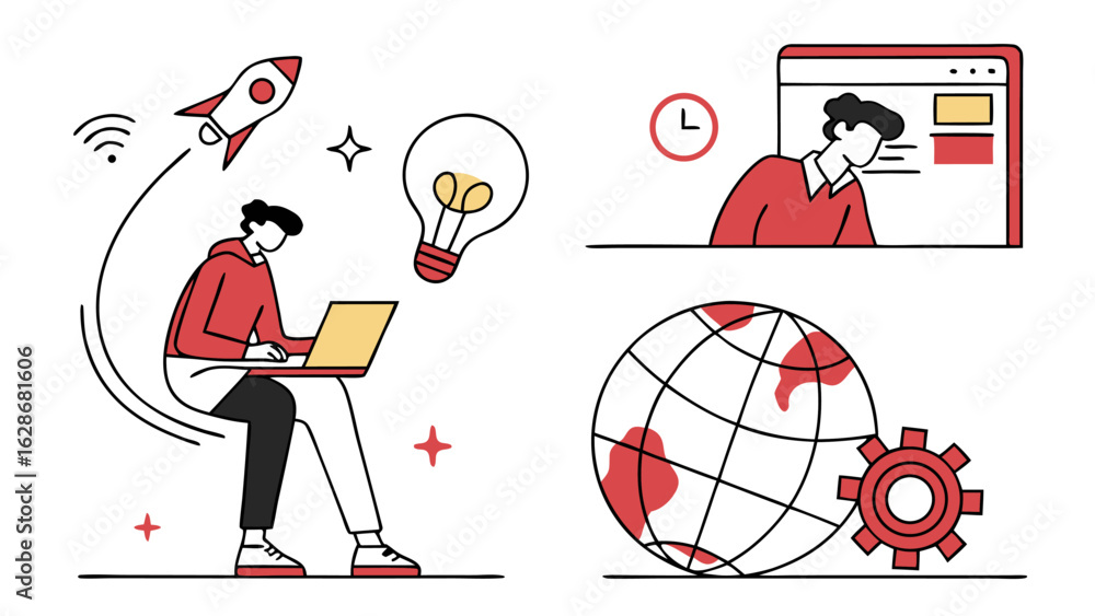 Poster modern vector illustration depicting concepts of startup growth innovation global business and digit