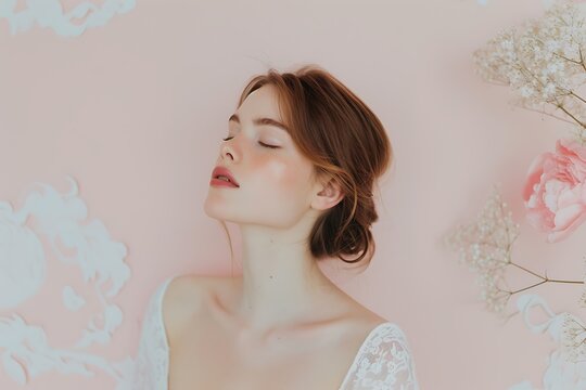 Soft bridal beauty portrait in white lace, Closed eyes and delicate floral background, Romantic skincare image, Serene feminine profile, Copy space