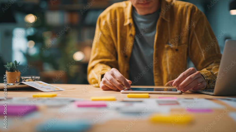 Poster medium shot of a content creator brainstorming with a tablet in hand surrounded by outoffocus market