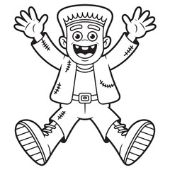 Frankenstein Monster Boy Jumping Excitedly, Line Art Halloween Coloring Page for Kids, Playful Undead Character Illustration
