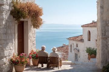 Senior couple enjoying sea views in a picturesque Mediterranean village. Serene, tranquil scene symbolizing retirement, travel, and companionship.