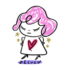 Delulu Girl with Pink Hair and Heart Dress Cartoon Cute Vector Clipart