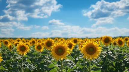 Obraz premium A vibrant field of sunflowers under a partly cloudy sky.
