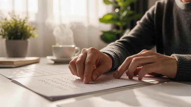 Blind woman reading braille book with finger touching pages in educational learning environment for visually impaired accessibility