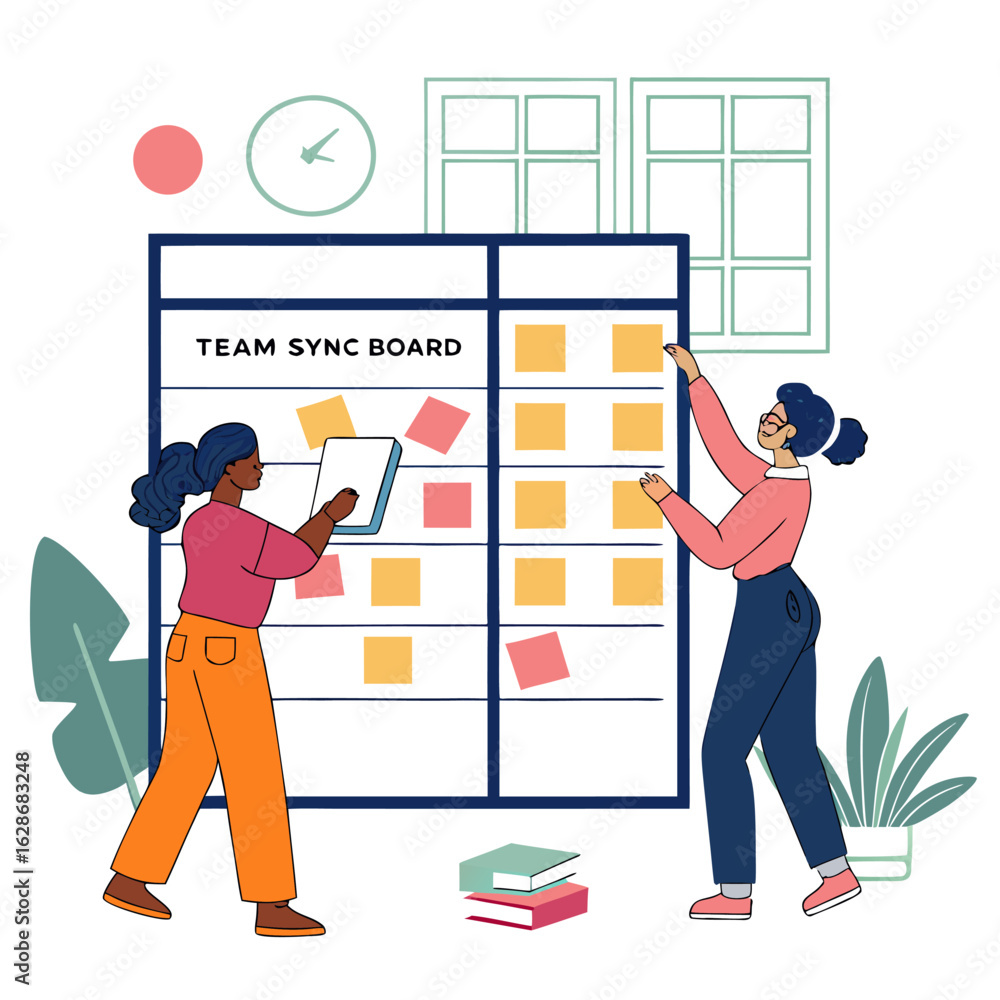 Aufkleber two women collaborating on a team sync board with sticky notes in an office setting near a window an