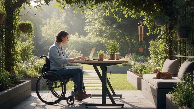Confident female entrepreneur in wheelchair working from accessible garden office space while engaging in video conference call