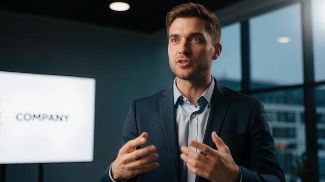 Confident businessman explaining business idea seriously in slow motion during professional pitch presentation to investors or colleagues