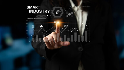 Smart industry dashboard combining automation, robotics, cloud integration, cybersecurity, and data...