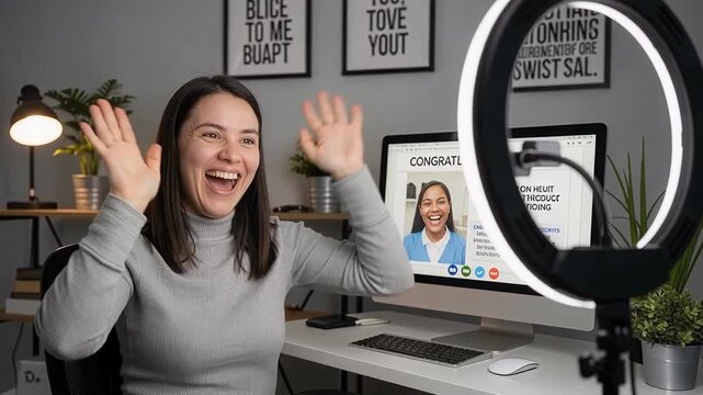 Happy woman celebrating success after passing important test or job interview with joyful smile and positive emotions