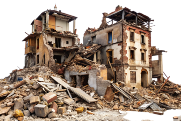 Destroyed Buildings After Earthquake – Isolated on White Background – Transparent PNG – GENERATIVE AI