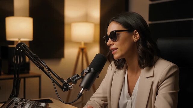 Blind person speaking into microphone during podcast recording session discussing accessibility and disability awareness topics