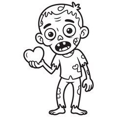 Cute Cartoon Zombie Boy Holding Heart – Funny and Creepy Halloween Character Coloring Page for Kids
