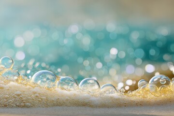 Bubbles dance along the shore as gentle waves embrace the golden sand at sunset