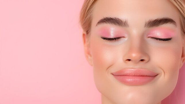 Pink eye makeup portrait, Closed eyes and soft smile, Pastel background skincare image, Glossy lips, Minimal beauty close up, Cosmetic banner