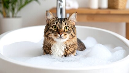 Tabby cat in a bath