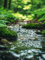 Rocks are nestled in a serene forest where a stream flows gently through the landscape