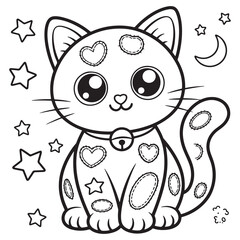 Cute Halloween Witch Cat with Stars and Moon – Magical Cartoon Kitten Coloring Page for Kids