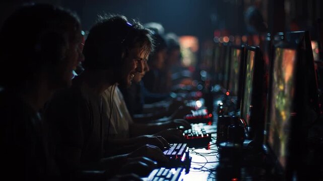 Gamers in a Dark Room Having Fun Together