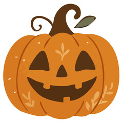 A cheerful Halloween jack-o'-lantern with a big smile, triangle eyes, and decorative leaf patterns on its orange surface.