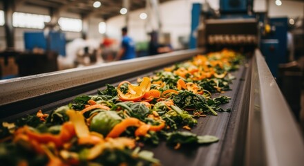 Organic food waste, featuring fruit and vegetable peels and scraps, moving along a conveyor belt in a modern composting facility, illustrates the conversion process into valuable compost