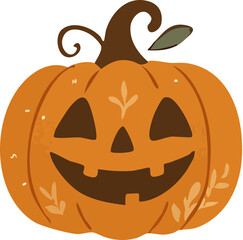 A cheerful Halloween jack-o'-lantern with a big smile, triangle eyes, and decorative leaf patterns on its orange surface.