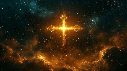 Naklejka premium Cross-shaped constellation illuminated in a starry sky over a tranquil night landscape