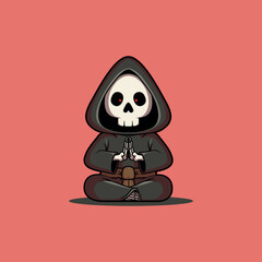 Meditating Grim Reaper in Relaxing Pose vector illustration. Mascot, brand design concept.