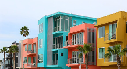 Naklejka premium Colorful modern beach houses row with blue, coral and yellow exteriors and palm trees